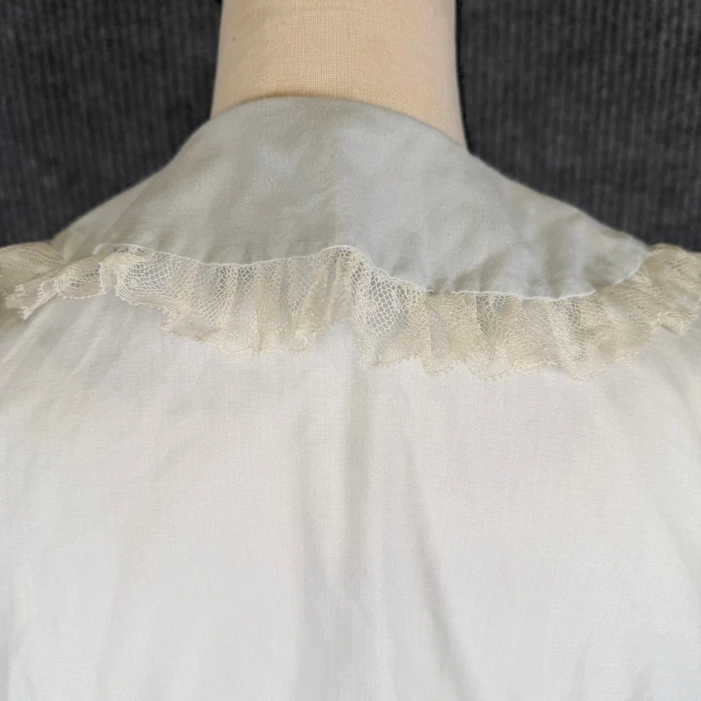 VTG 50s 60s Bed Jacket Sz M Blue Lace Trim Peter Pan Collar Embroidered Coquette